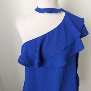 Gold Ray Cobalt Blue Ruffle One Shoulder Collared Blouse, Medium